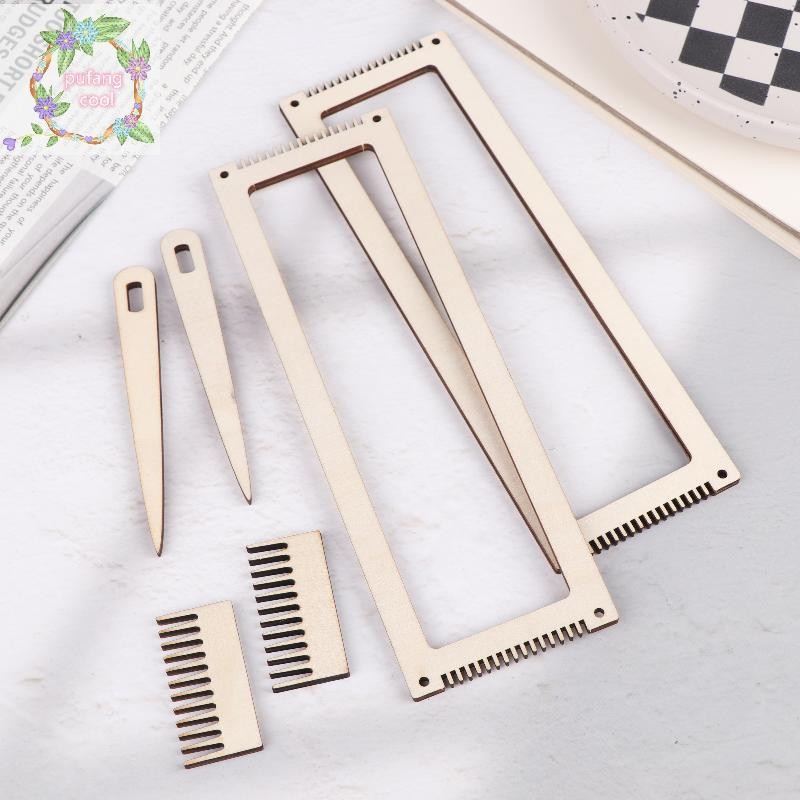 PUCOOL ชุดทอผ้าไม้ 6 ชิ้น, ขาตั้งไม้โครเชต์เส้นด้ายเครื่องมือ, ด้ายหวี DIY กรอบลวดไม้ทอผ้า Loom Kit TH