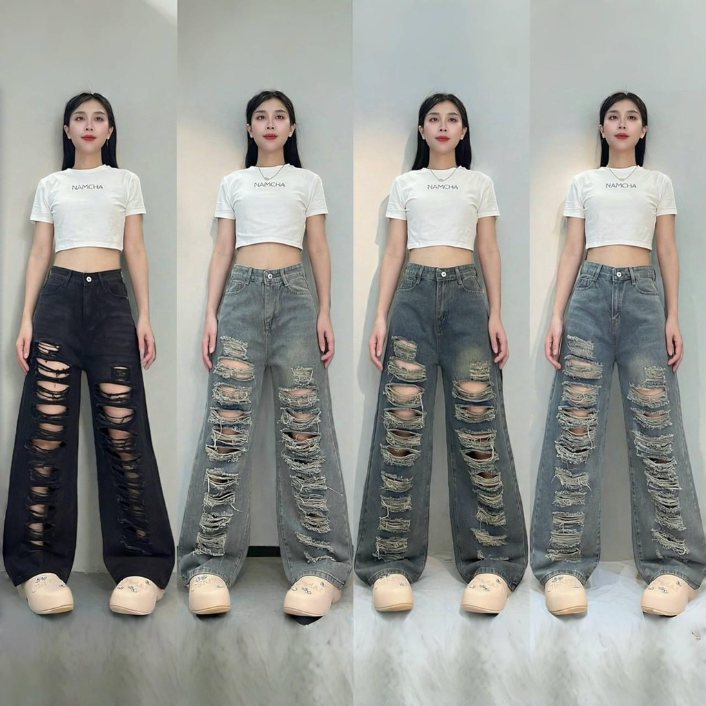 NAMCHA กางเกงยีนส์ กางเกงยีนส์ทรงกระบอกกลาง กระบอกลิซ่า แต่งขาด #201 #203 #204 #2587