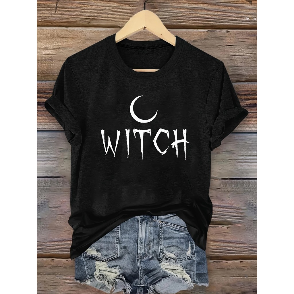 เสื้อยืดลาย"Witch" สีดํา แขนสั้น สำหรับสุภาพสตรี QM32