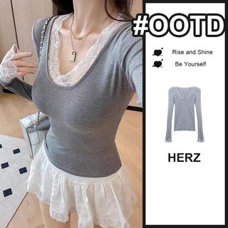 Atasan wanita grey polos rib lengan panjang renda bergelombang korean t shirt u neck slim fit ketat cewek