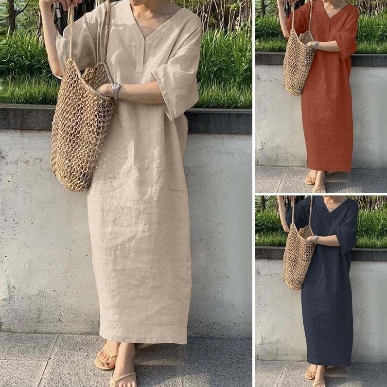 [LININ] ชุดเดรสครึ่งแขนพลัสไซส์ ยาวสีเรียบ ทำจากผ้าลินิน เหมาะสำหรับสวมใส่ลำลอง