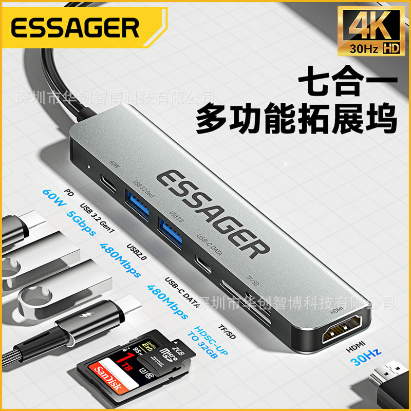 ESSAGER Qinghong 7-in-1 Docking Station HDMI/TF/SD Card Reader Type-c Multifunctional HUB Splitter