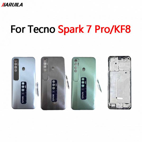 ฝาหลังแบตเตอรี่สําหรับ Tecno Spark 7 Pro/KF8 ฝาหลังกระจกด้านหลังพร้อมกาว + LCD ด้านหน้ากรอบกลางเปลี่
