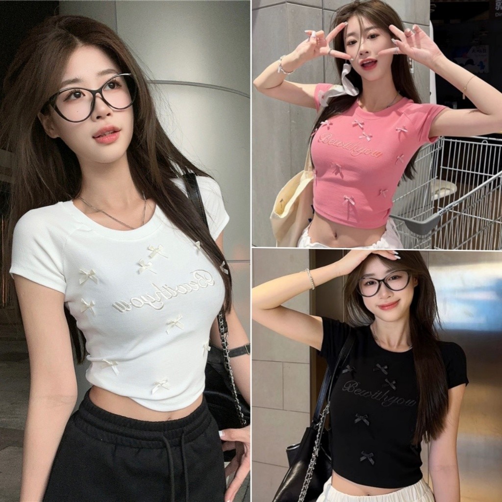 Hotgirl พร้อมส่ง เสื้อยืดรัดรูปผู้หญิง เสื้อครอป แขนสั้นเซ็กซี่ สีพื้น แต่งโบว์ ตัวอักษรน่ารัก สไตล์เกาหลี
