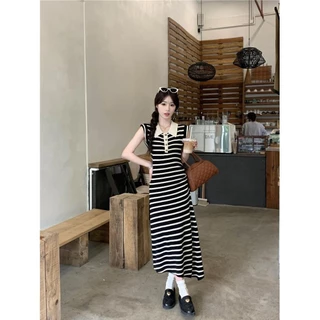 Bella Shop ชุดเดรสสวยหรูดูแพง ชุดเดรสสไตล์เกาหลี กระโปรงยาวสุดๆลาย ลายทางยืด แขนสั้น สไตล์ลำลอง
