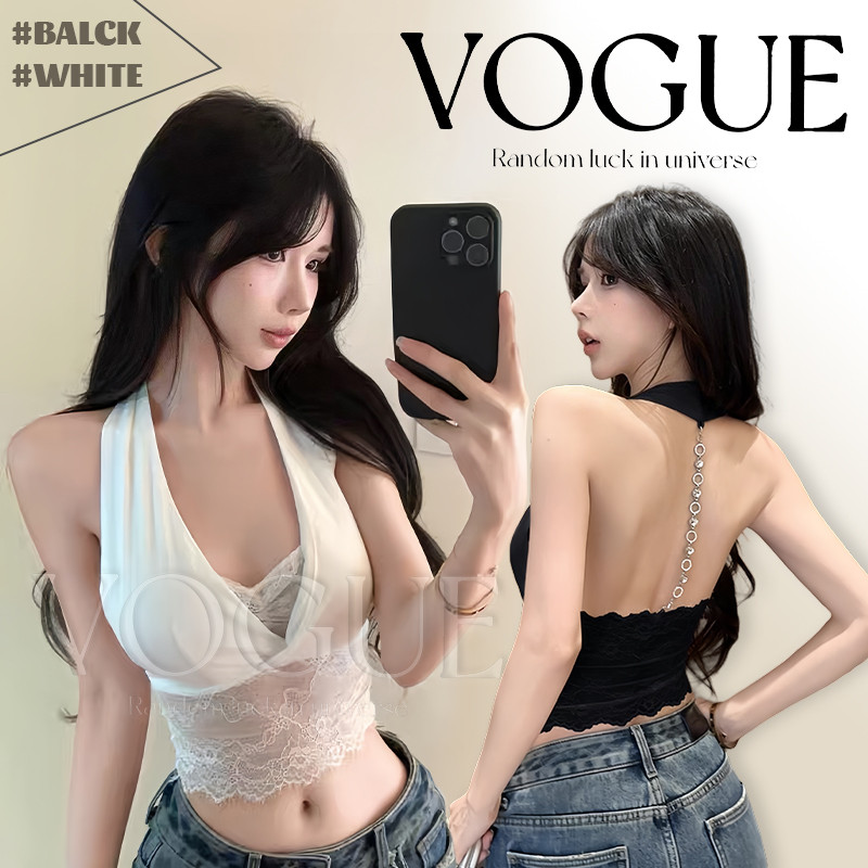 Vogue🌟พร้อมส่ง🌟 เสื้อคล้องคอ เว้่หลัง แต่งลูกไม้ เสริมฟองน้ำในตัว สีพื้นดำขาว (FY3577)