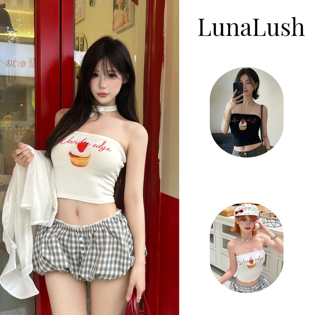 LunaLush✨เสื้อคุณภาพดี เสื้อเกาะอก มีฟองน้ำ ลายขนมหวานสีขาวดำ ดีเทลรักรูป เข้ารูป"FY1804"