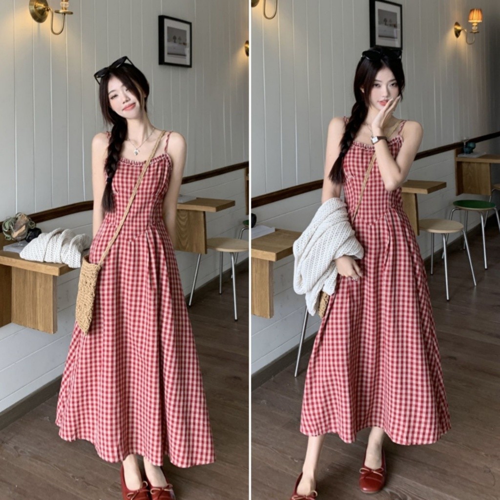 Hotgirl พร้อมส่ง เดรสสายเดี่ยว ชุดเดรสลายสก็อตสีแดง สไตล์ย้อนยุคฝรั่งเศส ปิดไหล่ สไตล์วันหยุดแสนหวาน