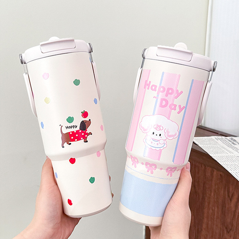 แก้วน้ําสแตนเลส SUS316 น่ารักพาสเทล Handle Tumbler แก้วน้ําน่ารักสแตนเลส Happy Animal Tumbler 900ml 
