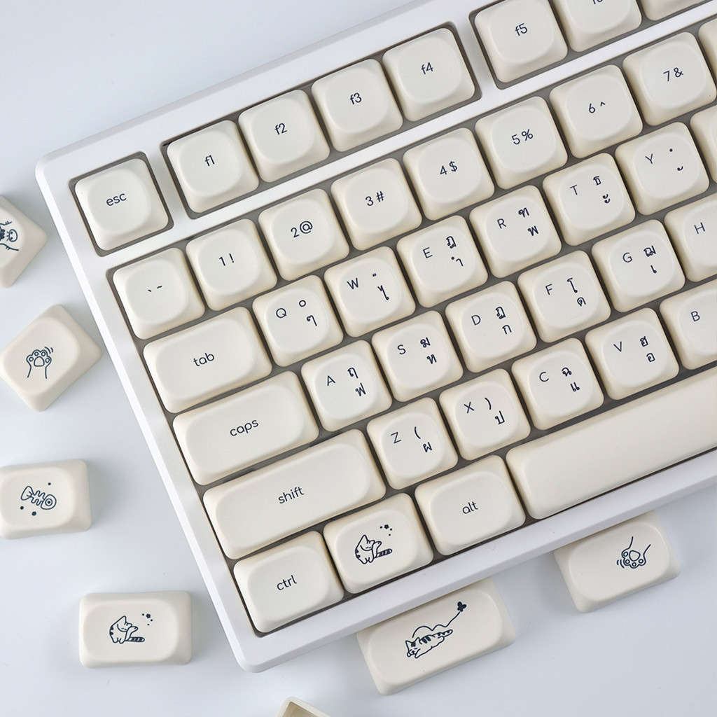 Thai Keycap Milky White Cat Keycaps MOA Profile PBT 134 คีย์ Dye Sublimation Aula F75 F99 RK100 Mech