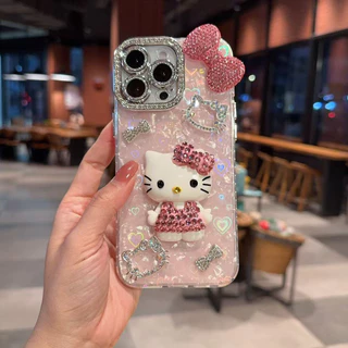 IMD รูปแบบเลเซอร์เคสโทรศัพท์สําหรับ iPhone 17 15 16 14 13 11 12 Pro Max แฟชั่น Kitty Cat Bow Diamonds ฝาครอบป้องกัน