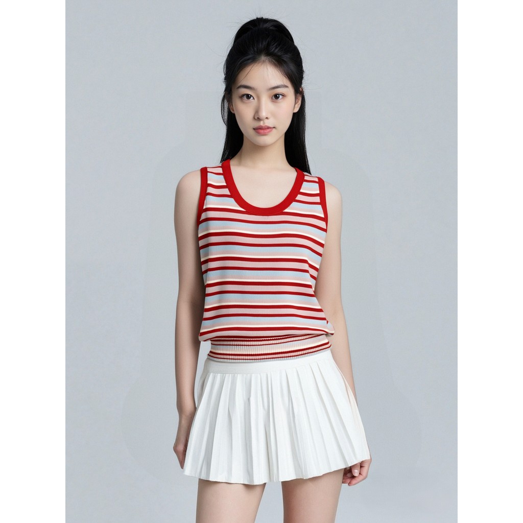 สไตล์เกาหลีสีคมชัดลายยู-คอถักยกทรงผู้หญิงฤดูร้อนสวมใส่ด้านนอกผ้าไหมน้ําแข็ง ผอมลง ดูแขนกุดสั้นเสื้อก