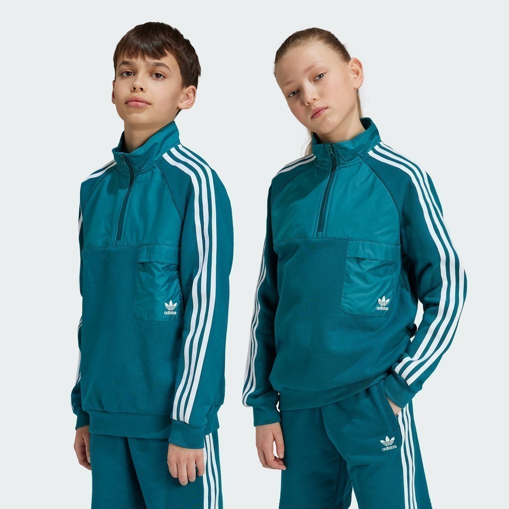 adidas ไลฟ์สไตล์ สเวตเตอร์คอกลม Trefoil สำหรับเด็ก เด็ก สีเทอร์คอยส์ IY0012