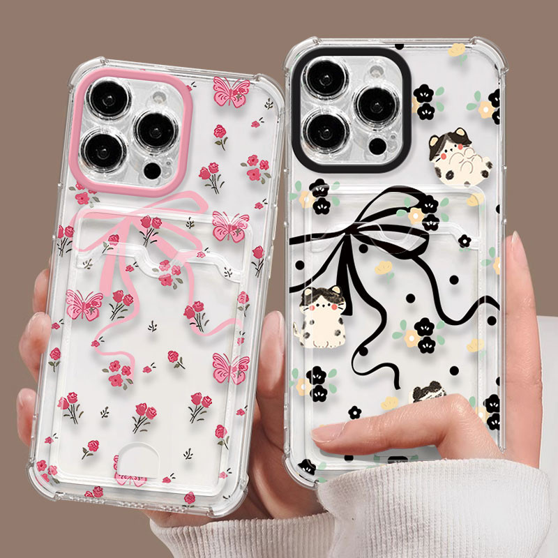 SAMSUNG โบว์ดอกไม้ผู้ถือบัตรเคสโทรศัพท์สําหรับSamsung Galaxy A02 M02 A02S A03S A03 A04 A04S A05 A05S A10 M10 A11 M11 A12 กันกระแทกโปร่งใสนุ่มTPUฝาครอบปลอก