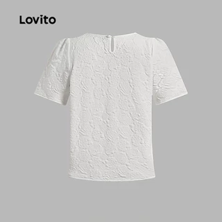 Lovito สง่างาม เสื้อบลุสโสลายจาคการ์ดไข่มุก สบายและนุ่มนวล เสื้อบลูสซีสำหรับฤดูใบไม้ผลิ/ฤดูร้อน สีขาว L137ED806