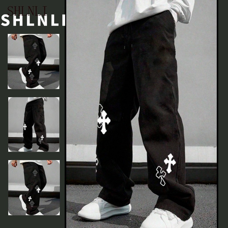 กางเกงผู้ชายสไตล์ย้อนยุค สำหรับฤดูใบไม้ผลิและฤดูใบไม้ร่วง แบบขากว้างหลวม มีลายพิมพ์ ใช้งานได้หลากหลาย