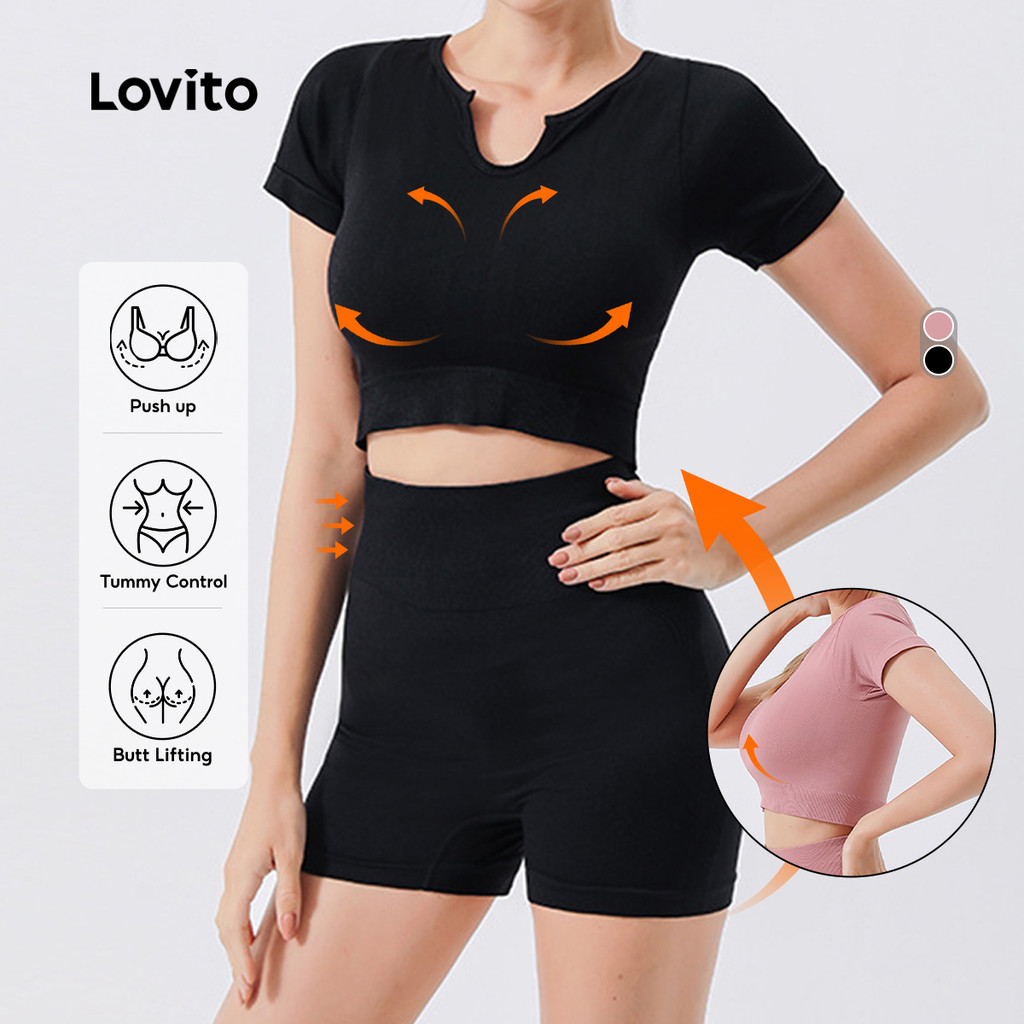 Lovito ชุดกีฬา วิดพื้น หลังสูง ไม่มีรอยเย็บ วิ่ง กางเกงโยคะ ชุดบราส์กีฬา ท็อป ชุดกีฬาสำหรับผู้หญิง LNE116X046