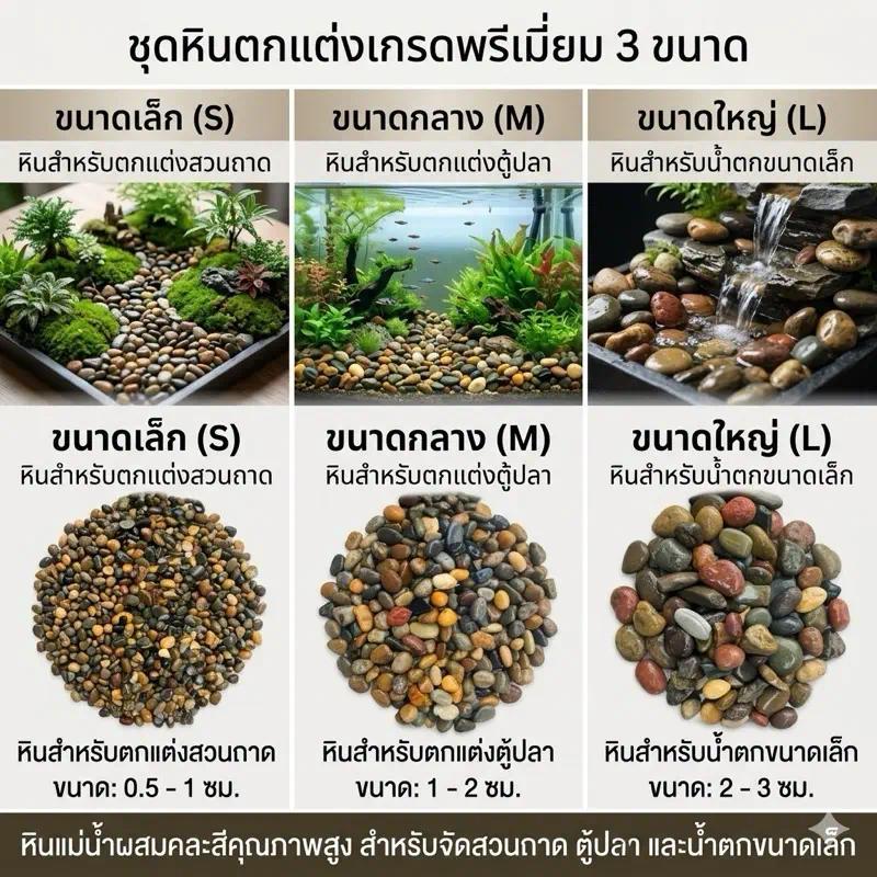 หินกรวดน้ำตก/กรวดลำธาร [Stream & Waterfall Gravel] หลากสี 4 ขนาด สำหรับตู้ปลาและจัดสวน โทนสีอ่อน-เข้ม