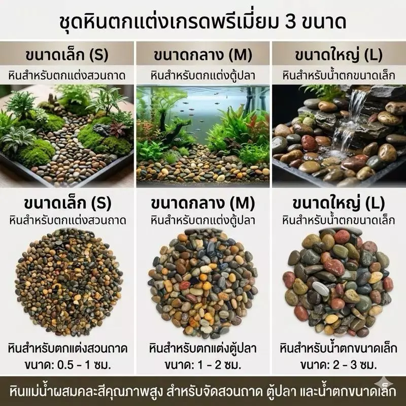 หินกรวดน้ำตก/กรวดลำธาร [Stream & Waterfall Gravel] หลากสี 4 ขนาด สำหรับตู้ปลาและจัดสวน โทนสีอ่อน-เข้ม