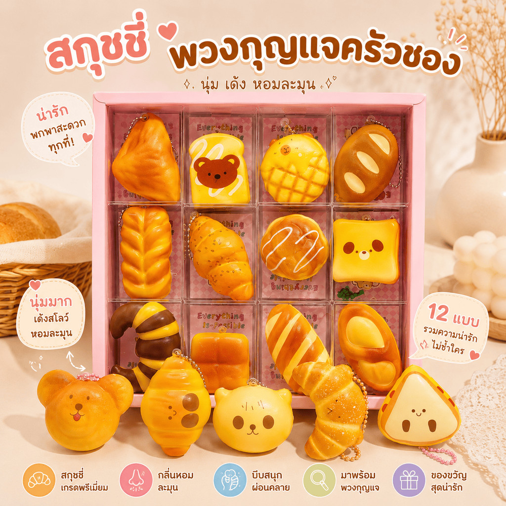 สกุชชี่พวงกกุญเเจ ครัวซอง ตัวเล็กน่ารัก พกพาง่าย สนุกและช่วยคลายเครียด หอม ส่งจากไทย