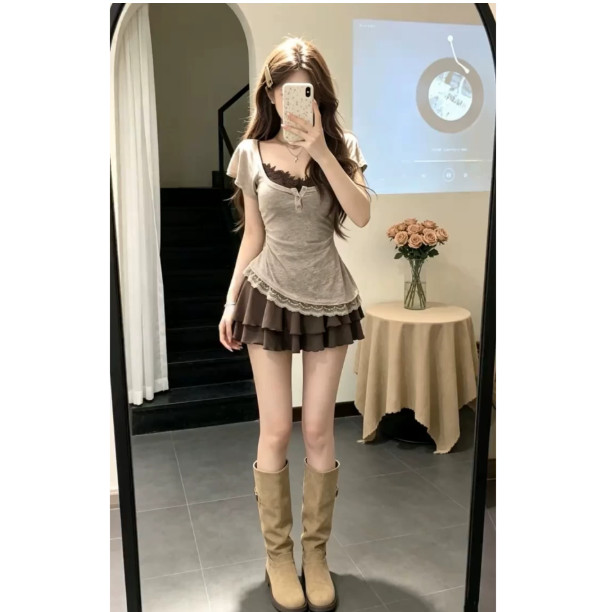 2026 ขายร้อนฤดูร้อนที่สวยงามยักษ์สวย Stringing เอว Slimmer ดูกระโปรงขนาดเล็ก 2026 สไตล์ใหม่สาวร้อนแขนสั้นผ้าไหมน้ําแข็ง B