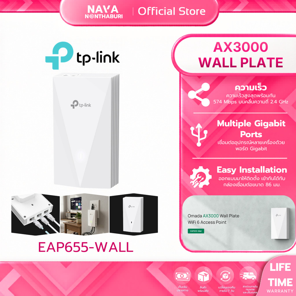 TP-LINK EAP655-Wall AX3000 Wall Plate WiFi 6 Access Point ความเร็ว เชื่อมต่ออุปกรณ์ได้หลายเครื่อง