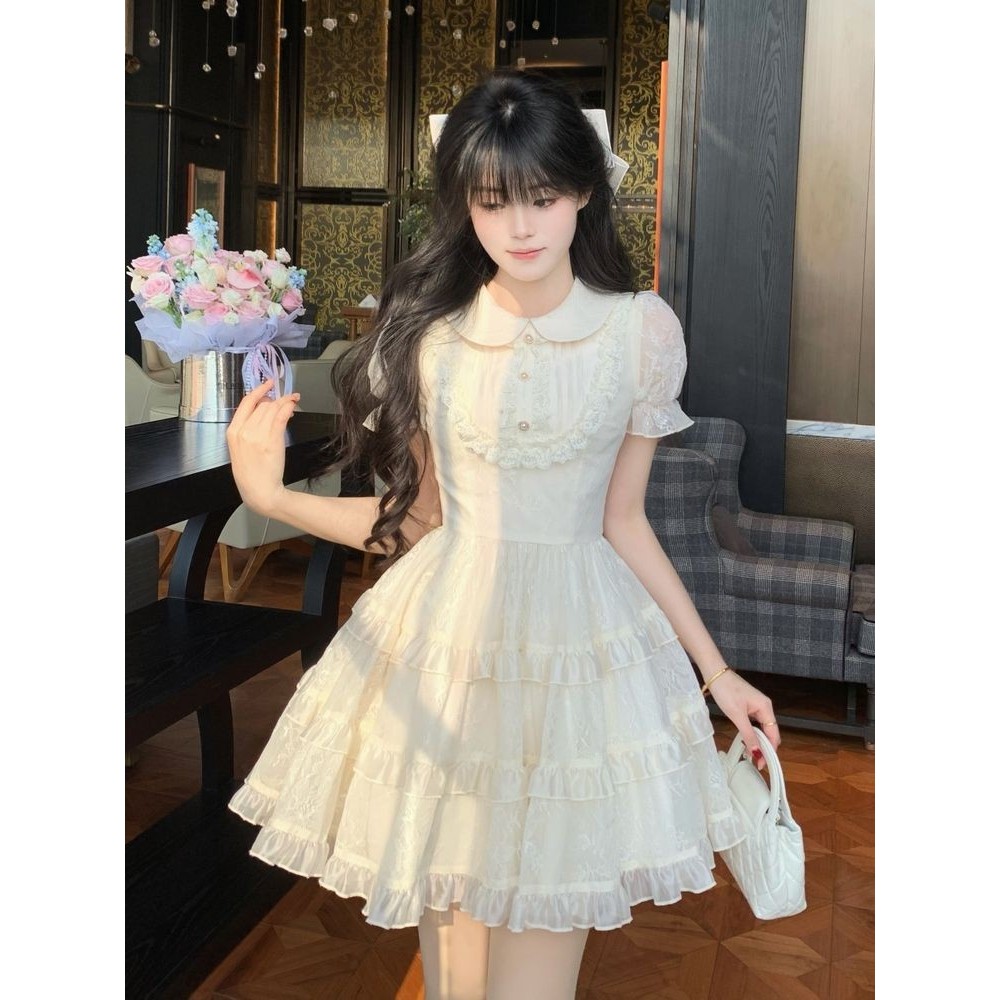 Pearl Monologue Girly Doll Collar Lace Gauze Puff Sleeve Puff Sleeve Puffy Cake กระโปรงเอวแคบ