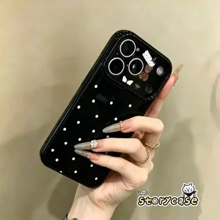 สำหรับ OPPO A58 A60 A3x A57 A38 A17 A15 A16 A16s A54s A74 A53 Reno4F เคสดำลายจุดขาว ลายหมีและโบว์ สไตล์หวานน่ารัก