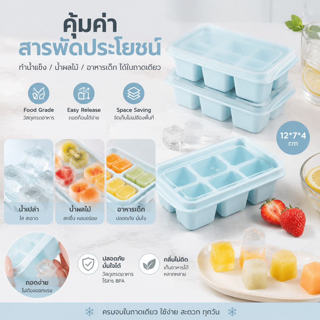 [ แนะนํา] ถาดทำน้ำแข็งมินิ มีฝาพลาสติก 1ถาดทำได้ 6ก้อน ที่ทำน้ำแข็ง บล็อกซิลิโคนทำน้ำแข็ง​ ที่ทำน้ำแข็งก้อนเหลี่ยม