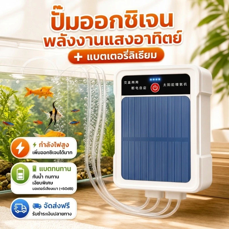 COD ปั้มออ๊กซิเจน แบบพกพา พลังงานแสงอาทิตย์ ชาร์จ USB ใช้สำหรับตู้ปลา ปั๊มออกซิเจนสำหรับถังปลา