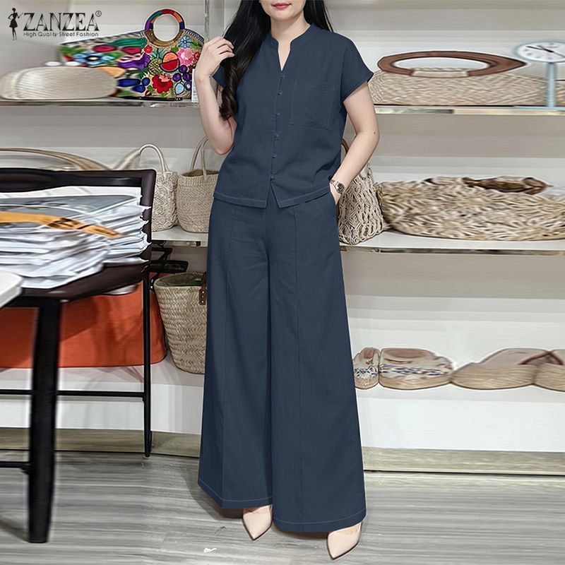 ZANZEA ซานเซีย วันหยุดเกาหลีของผู้หญิงสีทึบยืนปกแขนสั้นหลวมชุดหลวมขากว้าง — صورة 5