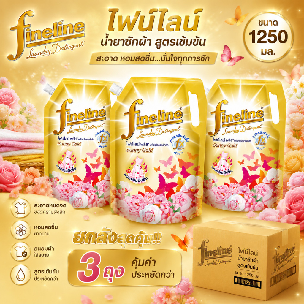 ไฟน์ไลน์ น้ำยาซักผ้า สูตรเข้มข้น รุ่นถุง 1,250 ml. (ยกลัง 6 ถุง)