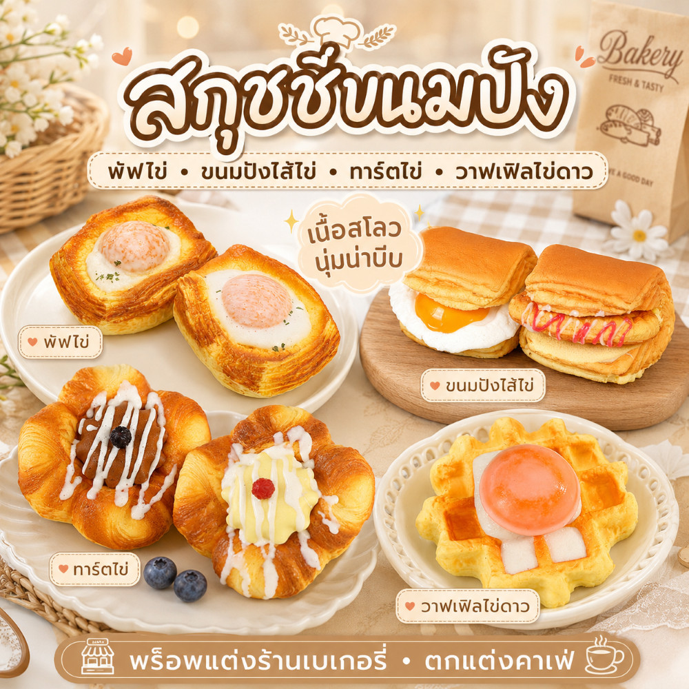 สกุชชี่พัฟไข่ ขนมปัง ไข่ดาว ทาร์ตไข่ ขนมปังปลอมเนื้อสโลว นุ่มน่าบีบ ของเล่นบริหารกล้ามเนื้อมือ เสริมพัฒนาการ พร็อพตกแต่ง