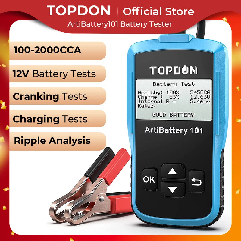 TOPDON AB101 เครื่องทดสอบแบตเตอรี่ดิจิตอล 12V แบบพกพารถแบตเตอรี่รถ Cranking ชาร์จ Circut Tester เครื