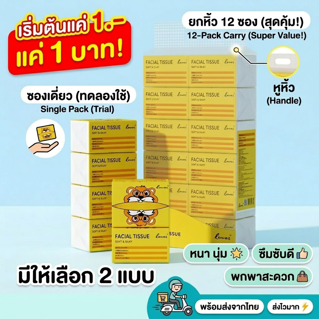 [พร้อมส่งจากไทย] กระดาษทิชชู่ เช็ดหน้า หนา 3 ชั้น 200 แผ่น Tissue 1 ห่อ / แพ็ค 12 ห่อ ขนาด 100x170มม