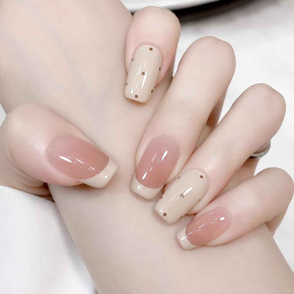 C325 เล็บปลอมสำเร็จรูป ทำด้วยมือ แคทอาย ใช้ซ้ำได้ สีชมพูนู้ด เฟรนช์ปลายขาว ลายจุดมินิมอล สไตล์เกาหลี เรียบหรู ใส่ได้ทุกวัน เล็บปลอมเจล 10 ชิ้น/กล่อง