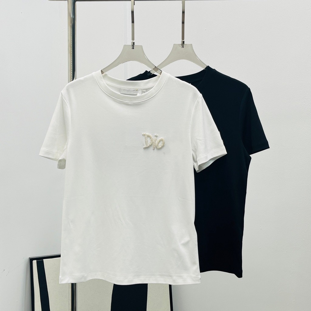 5EEI DR #Spring ฤดูร้อนสไตล์ใหม่ทุกการแข่งขันลําลองประณีตจดหมายสั่งเพชรรอบคอแขนสั้นเสื้อยืดด้านบน