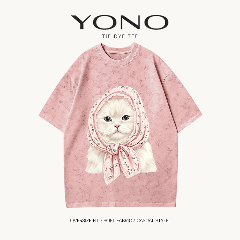 (พร้อมส่ง24ชม.) เสื้อยืด oversize สีชมพูฟอกลาย ลายแมวขาวผ้าพันคอ ฟีลคิ้วท์วินเทจ ใส่สบาย