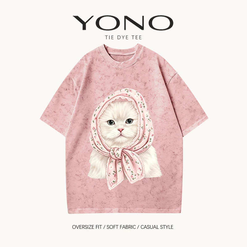 (พร้อมส่ง24ชม.) เสื้อยืด oversize สีชมพูฟอกลาย ลายแมวขาวผ้าพันคอ ฟีลคิ้วท์วินเทจ ใส่สบาย