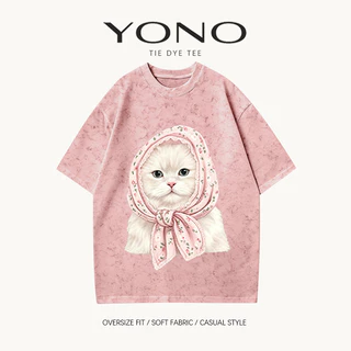 (พร้อมส่ง24ชม.) เสื้อยืด oversize สีชมพูฟอกลาย ลายแมวขาวผ้าพันคอ ฟีลคิ้วท์วินเทจ ใส่สบาย