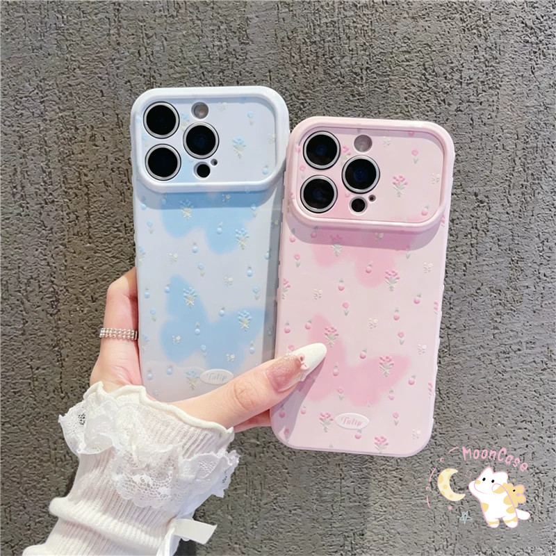 สำหรับ iPhone 13 15 17 11 14 12 16 Pro Max XS Air 15 7 14 8 16 Plus เคสมือถือหน้าต่างกล้องใหญ่ ลายผีเสื้อไล่สีดอกไม้จิ๋ว