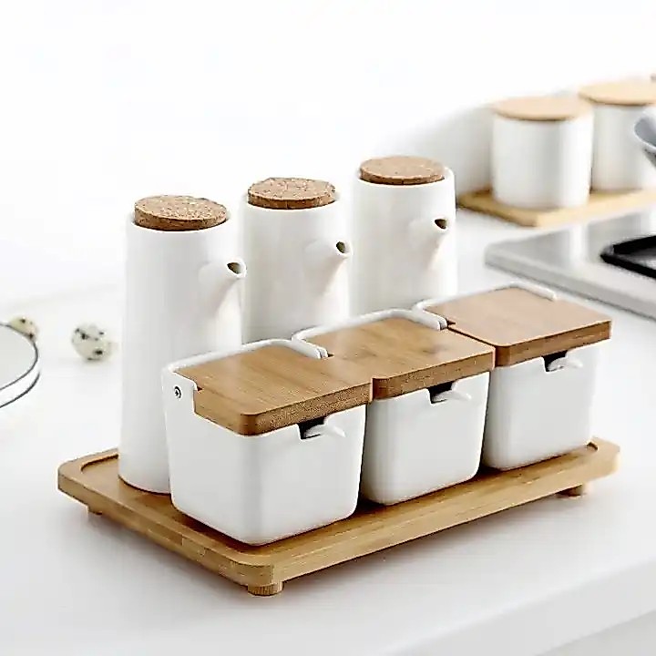 ขวดเครื่องปรุงสไตล์ญี่ปุ่นเซต6ชิ้น ชุดโหลเซรามิกใส่เครื่องปรุงเครื่องเทศ เก็บเครื่องปรุงรสพร้อมฝาไม้สุญญากาศ