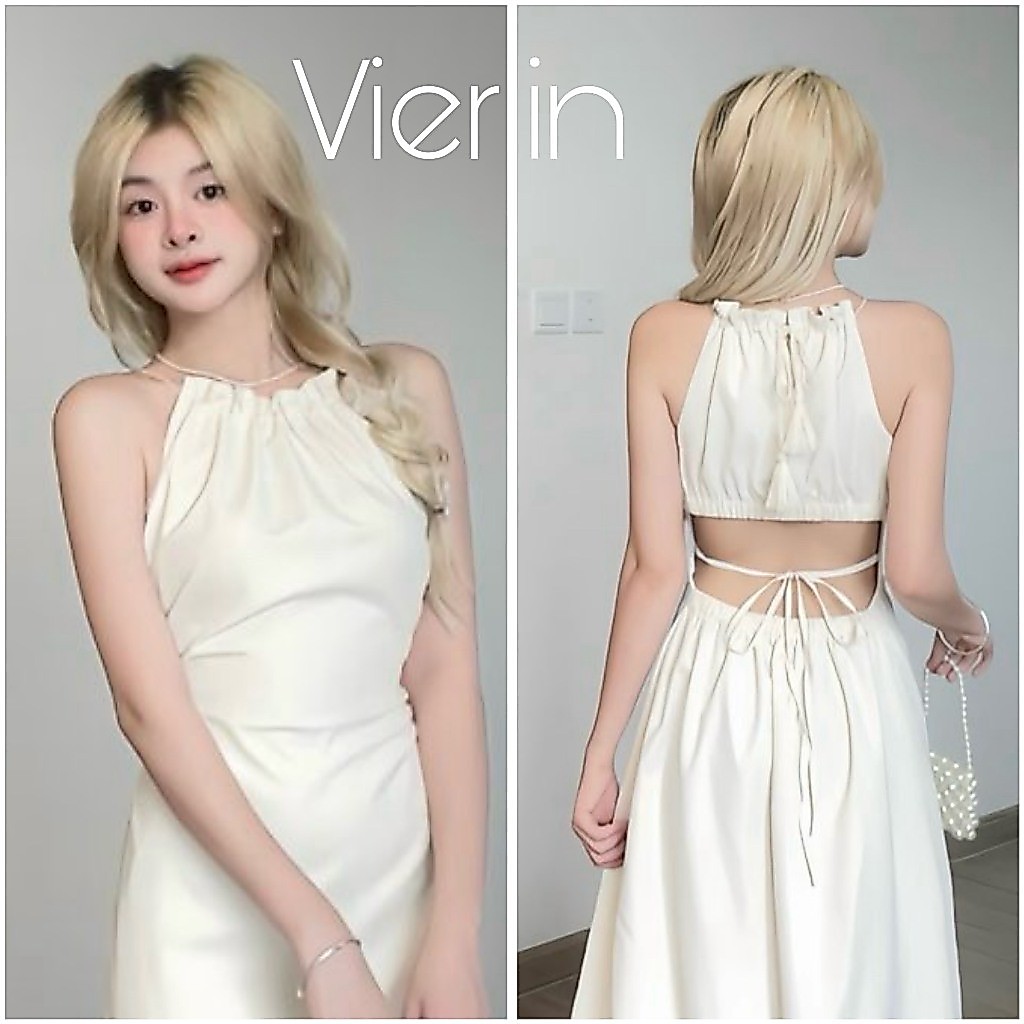 Mina Maxi Dress with Camisole Collar, Cut Out Back, Connected Strap, Long Straight Pleated Dress, Fe