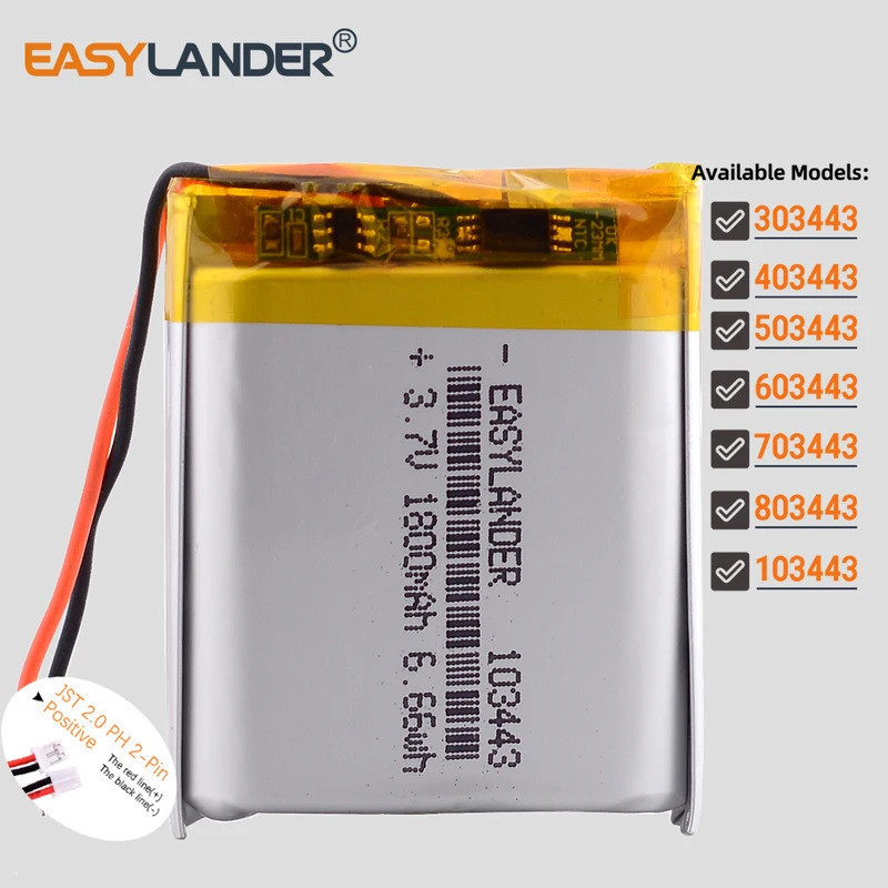 JST PH2.0 2Pin 3.7 V 103443 แบตเตอรี่ลิเธียมโพลิเมอร์ Li-ion แบบชาร์จไฟได้ 1500mah 503443 603443 703