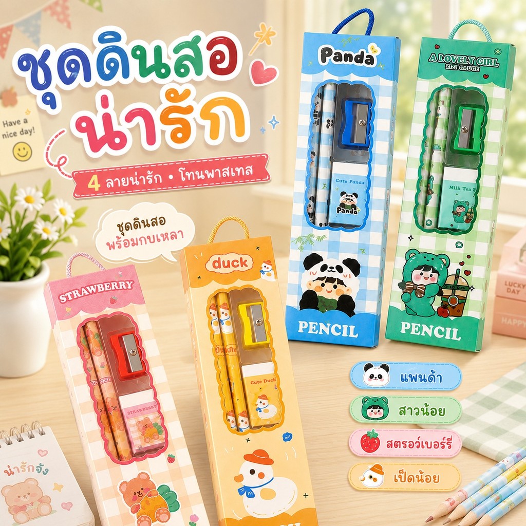 ชุดเครื่องเขียนน่ารัก🎁แพนด้า เป็ด สตรอเบอร์รี่ เกิร์ลน่ารัก🐼🦆🍓👧 ตลับสวย พร้อมดินสอ+เหลา+ยางลบ A00072