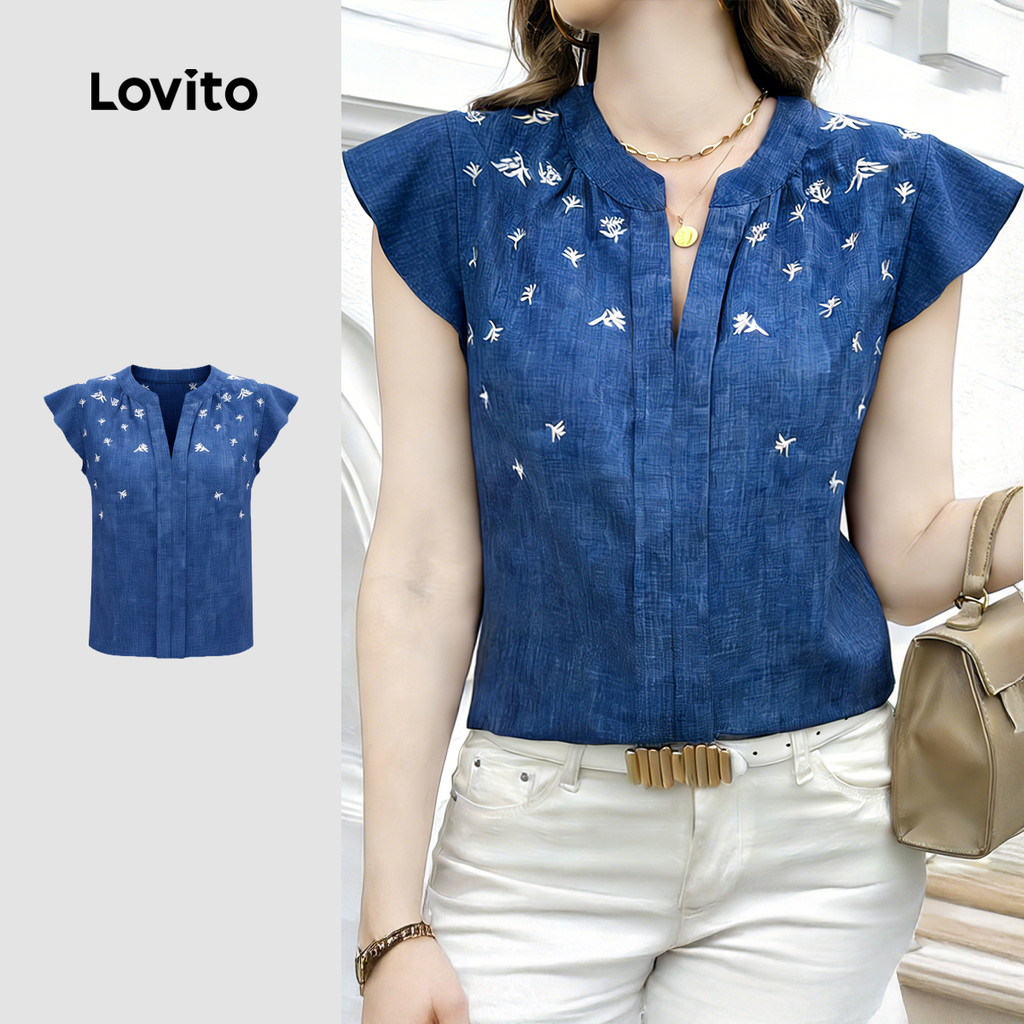 Lovito โบโฮ เสื้อเบลาส์ ลายเดนิมเทียม ลายโบฮีเมียน ฤดูใบไม้ผลิ/ฤดูร้อน สีฟ้า เสื้อเบลาส์ผู้หญิง LK5EDD474