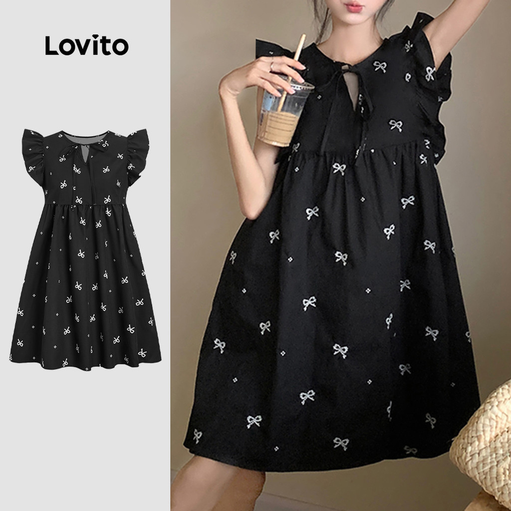 Lovito Casual เดรส แขนระบาย แบบผูกหน้า ประดับโบว์ ลายดอกไม้จิ๋ว สไตล์ลำลอง สำหรับผู้หญิง L117AD063