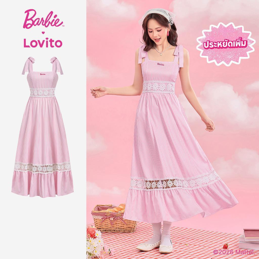 Barbie™ X Lovito วันหยุด ชุดเดรสสีชมพูสไตล์โรแมนติก แต่งลูกไม้พร้อมดีไซน์สายเดี่ยว สําหรับฤดูใบไม้ผลิ/ฤดูร้อน DRBL4PAD014