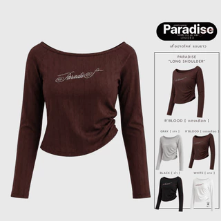 Paradise | เสื้อปาดไหล่แขนยาว ผ้าฉลุลาย ปักโลโก้ด้านหน้า ทรงเข้ารูปสวย ใส่สบาย ยืดหยุ่น ระบายอากาศดี เสื้อแฟชั่นผู้หญิง