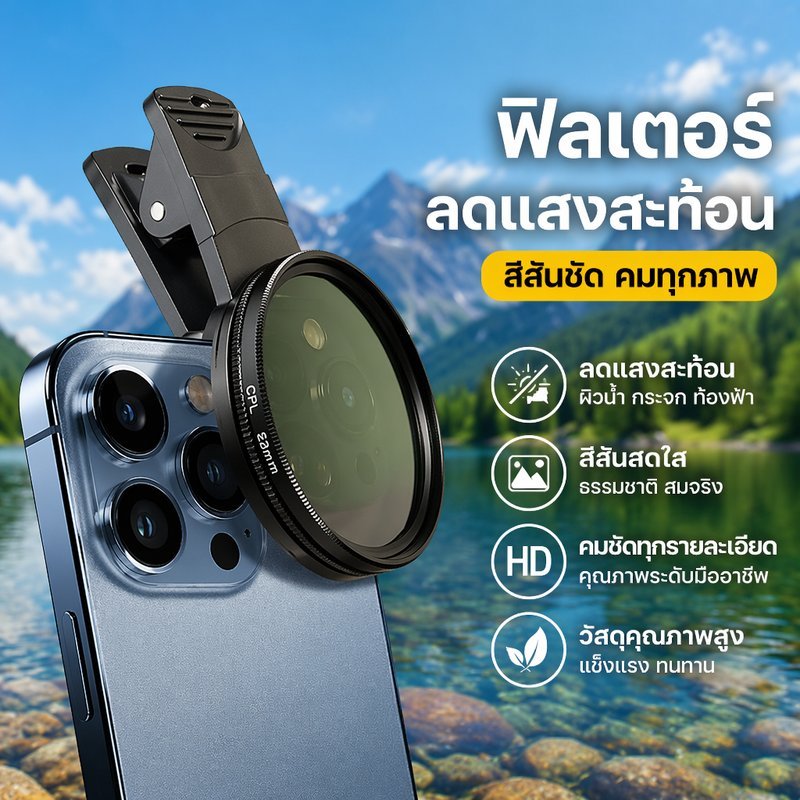 ฟิลเตอร์ CPL เลนส์มือถือ ขนาด 52 มม ลดแสงสะท้อน เพิ่มความคมชัด ภาพสีสด เหมาะถ่ายวิว กล้องมือถือ